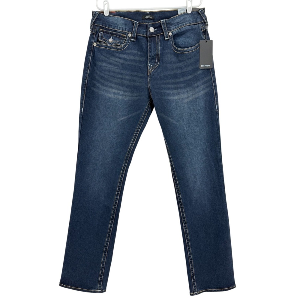 True Religion Men Ricky Stretch Relaxed Straight Big T Flap Blue Jeans 34x34 NWT